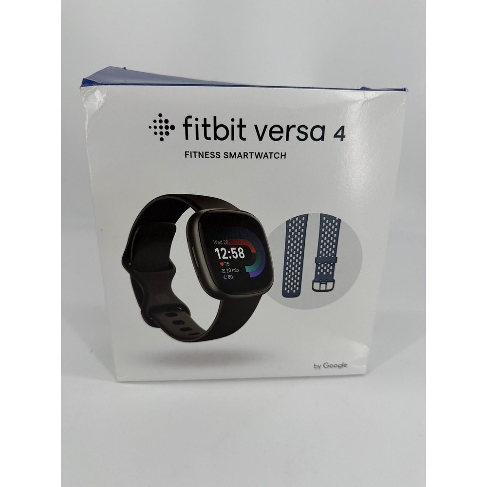 Fitbit Versa 4 Smartwatch Graphite Black & Extra 24mm Navy Sport Band Bundle